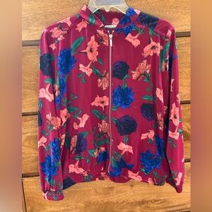 Susan Graver Womens Bomber Jacket Small Magenta Blue Floral Full Zip Lightweight